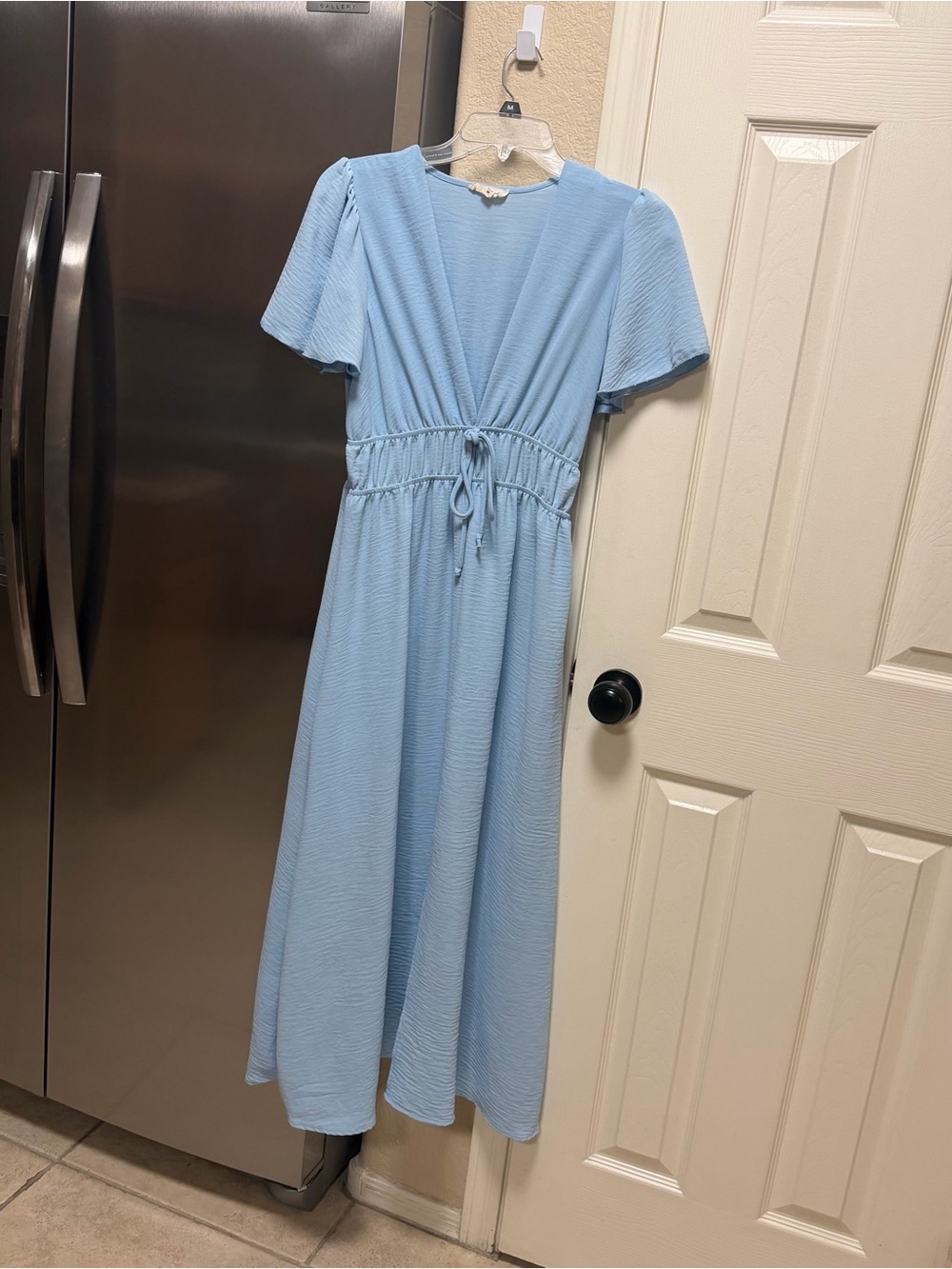 See You Monday Light Blue V-Neck Drawstring Midi Dress